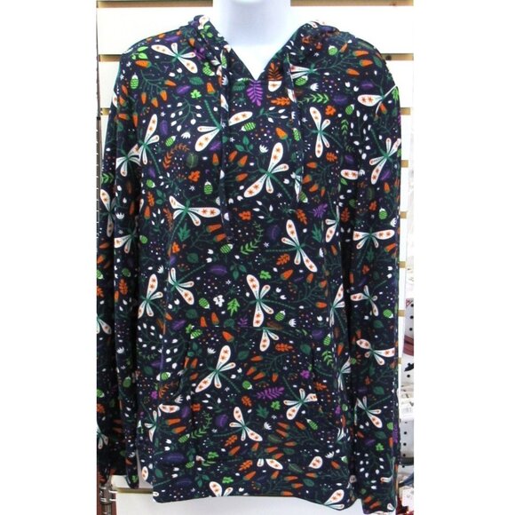 Multicolor Black Purple Green Orange Dragonfly Floral Print Pull Over Hoodie - Picture 1 of 3